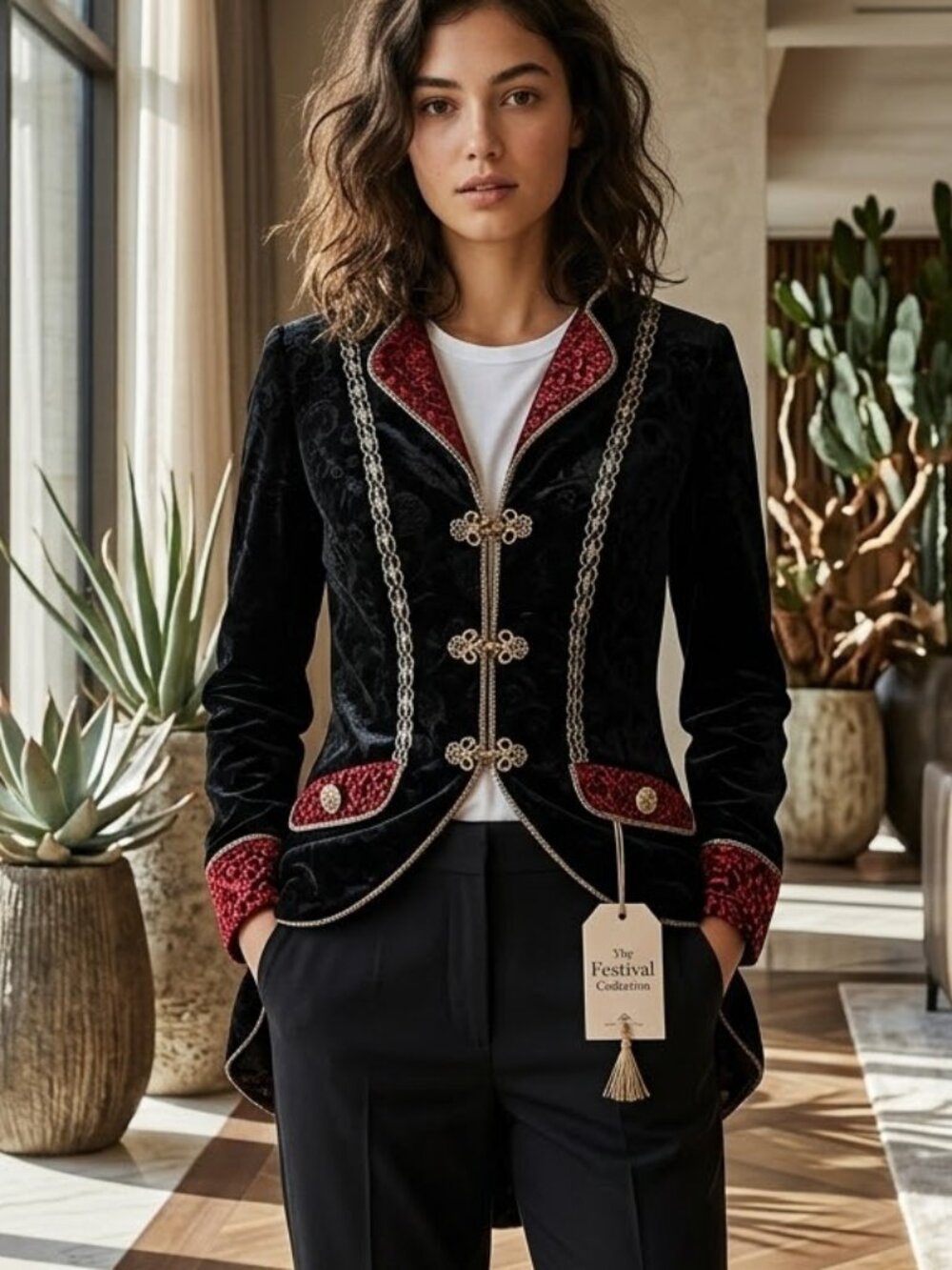 Spirit Black Velvet Blazer with Red Trim and Gold Braid